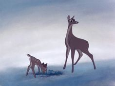 an animated giraffe standing next to a baby deer