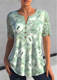 ROTITA Floral Print Blouse | Rotita.com - USD $26.98 Green Short Sleeve Spliced Tops, Green Short Sleeve Tops With Splicing, Green Spliced Tops For Spring, Green Short Sleeve Blouse With Patchwork, Netted Blouse Designs, Womens Trendy Tops, Trendy Tops For Women, Top Shirt Women, Casual Tops For Women