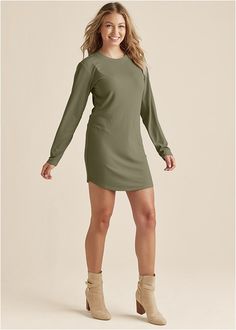 Shake things up with a touch of ribbed texture! Comfortably casual with its relaxed fit, this mini T-shirt dress almost feels like you're wearing jammies; it's that comfortable! Ribbing is THE look right now thanks to its versatility, and this dress does it in a way you won't want to take off.  * Sizes: XS (2), S (4-6), M (8-10), L (12-14), XL (16)   * Plus sizes: 1X (18-20), 2X (22-24), 3X (26-28)  * Fabric has stretch  * No closure  * Crew neck  * Long sleeves  * 35" approx. length; varies by size  * Poly/viscose/elastane. Imported Fall Fashion Denim, Black Dresses For Women, Neutral Dresses, Neutral Tops, Shirt Dress Outfit, Buckle Booties, Fall Denim, Work Wear Women, One Piece Suit