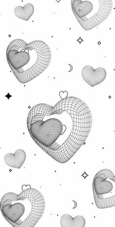 some white hearts are floating in the air with stars and circles around them on a white background