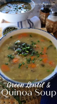 green lentil and quinoa soup in a bowl with crackers on the side