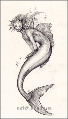 a pencil drawing of a mermaid with her head in the air, holding a fish's tail