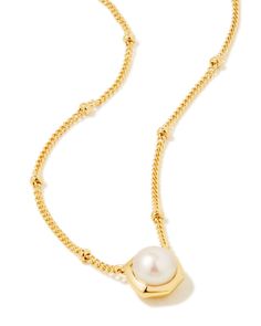 Get ready to wear the Davie Pearl 18k Gold Vermeil Pendant Necklace in White Pearl on repeat. From the cultured freshwater pearl pendant in a hexagonal frame to its delicate satellite chain, this necklace adds just the right amount of texture and shine.,Metal18k Yellow Gold VermeilMaterialWhite PearlClosureLobster ClaspSize16 Chain With 2 Extender, 0.27L x 0.26W PendantMaterial Highlight: White PearlInspiring peace, tranquility, and healing, each cultured pearl is grown in a freshwater pearl mus Pearl Gold Pendant, Coastal Jewelry, Necklace Inspiration, Gold Pearl Necklace, Pendent Necklace, Diamond Chain, Demi Fine Jewelry, Pearl Pendant Necklace, Freshwater Cultured Pearls