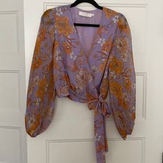 Astr The Label Printed Chiffon Blouson Sleeve Top Wrap Style, Never Worn! Floral Print Chiffon Tops For Brunch, Spring Purple Chiffon Top, Printed Chiffon Blouse, Blouson Sleeve, Astr The Label, Chiffon Blouse, Print Chiffon, Printing Labels, Wrap Style