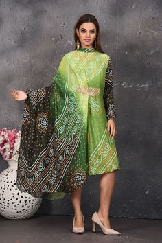 Shop stunning ombre green bandhani draped dress online in USA. Be party ready with exclusive designer wear outfits. Indian designer suits, Anarkali dresses, palazzo suits, sharara suits from Pure Elegance Indian fashion store in USA.-full view Draped Dress For Eid Party, Bandhani Print Dupatta For Navratri Party, Traditional Green Draped Dress, Bollywood Draped Dress For Eid, Traditional Draped Green Dress, Navratri Party Dupatta With Bandhani Print, Navratri Party Bandhani Print Dupatta, Eid Bollywood Draped Dress, Festive Bandhani Print Party Dupatta