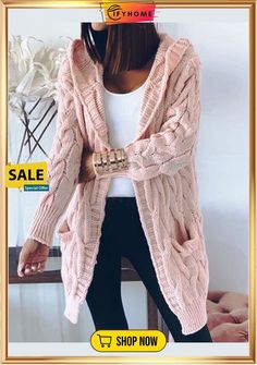 Casual Plain Loose Long Sleeve Sweater Coat Oversize Cardigan, Long Sweater Coat, Bow Fashion, Light Pink Sweaters, Oversized Sweater Cardigan, Types Of Coats, Gilet Long, Loose Long Sleeve, Winter Hoodies