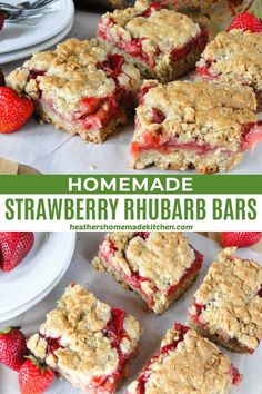 homemade strawberry rhubarb bars are stacked on top of each other and ready to be eaten