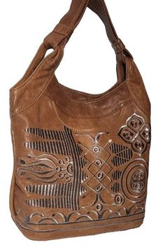 Bohemian Hobo Crossbody Bag, Bohemian Crossbody Hobo Bag, Embroidered Brown Hobo Bag, Bohemian Hobo Bag In Soft Leather, Brown Embroidered Hobo Shoulder Bag, Embroidered Brown Tote Hobo Bag, Embroidered Brown Hobo Shoulder Bag, Embroidered Brown Hobo Tote Bag, Bohemian Leather Hobo Bag With Double Handle