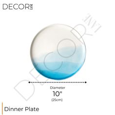 an image of a blue and white plate on a white background with the measurements for it