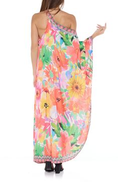 Go from beach to boardwalk effortlessly in a lightweight cover-up dress with a bold floral pattern and a one-shoulder neckline. 54" length One-shoulder neck Sleeveless 100% polyester Hand wash, dry flat Imported One-shoulder Maxi Dress For Beach Season, Off-shoulder Maxi Dress For Beach In Summer, Summer Halter Neck Cover-up For Spring, Spring Summer Halter Neck Cover-up, Beachwear Beach Dress For Summer Parties, Off-shoulder Floral Maxi Dress For Beach Season, Beachwear Dress For Spring Summer Parties, Beach Dress For Summer Parties, Beachwear Dress For Summer Parties