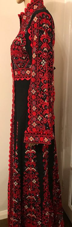 2 Piece Black Dress/ Abaya/ Kaftan/ Thobe and matching belt | Etsy Black Kaftan With Traditional Patterns For Eid, Festive Black Kaftan With Traditional Patterns, Traditional Red Maxi Length Kaftan, Red Folk Style Kaftan For Festive Occasions, Traditional Long Black Kaftan, Red Folk Style Kaftan For Festive Season, Black Long Abaya With Resham Embroidery, Red Dabka Abaya For Eid, Long Embroidered Abaya For Festival