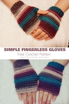 two photos showing the same gloves with different colors and sizes, one is made out of yarn