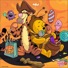 a cartoon bear sitting on the ground with candy