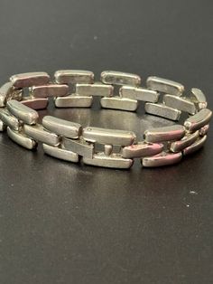 Retro 80s 90s silver tone steel slim   brutalist style brick link panther bracelet 17cm x 12mm Silver Metal Jewelry With Box Chain, Metal Box Chain Link Bracelets, Metal Link Bracelets With Box Chain, Silver Metal Box Chain Bracelet, Silver Rectangular Metal Bracelets, Rectangular Silver Metal Jewelry, Silver Chunky Chain Bracelet For Formal Occasions, Modernist Metal Bangle Jewelry, Silver Rectangular Chain Bracelet