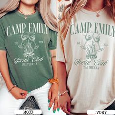 Get ready to celebrate your special event in style with our Custom Camp Bach Comfort Colors T-Shirt! Perfect for bachelorette parties, camping trips, or any outdoor adventure, this t-shirt combines comfort and personalized flair to create an unforgettable experience for you and your squad. Please enter the following custom details in the personalization box: 1. Bachelorette's name 2. Year 3. City, State, or Country Any other changes or questions please send me a message. ♡ PRODUCT: Comfort Color Camp Bride, Camping Bachelorette Party, Club Tshirts, Camp Bach, Camping Bachelorette, Graphic Shirt Design, Year 3, Bachelorette Party Shirts, Bachelorette Parties