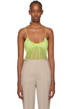 Green Gathered Bodysuit by Nensi Dojaka on Sale Tulle Bodysuit, Chiffon Bra, Bra Styles, Press Studs, Halter Neck, Shift Dress, Scoop Neck, Cut Out, On Sale