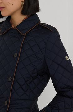 A polished third layer, this diamond-quilted fitted jacket features stylish details, faux-leather trim and lightweight fill for warmth without bulkiness. 24" length Double-breasted button closure Spread collar Button-tab cuffs On-seam pockets Epaulets Adjustable button back tabs Lined, with 100% polyester fill 100% recycled polyester Machine wash, tumble dry Made in China Ralph Lauren Quilted Jacket Woman, Ralph Lauren Outfits Women, Ralph Lauren Jacket, Fitted Jacket, Street Smart, Fall Clothes, Dream Style, Ralph Lauren Outfits, Workout Jacket