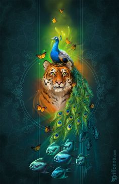 a tiger with a peacock sitting on top of it's head, surrounded by fish