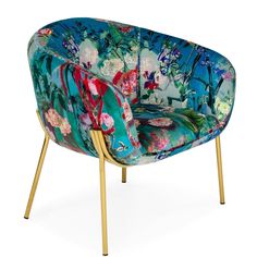 a blue chair with flowers on it and gold legs