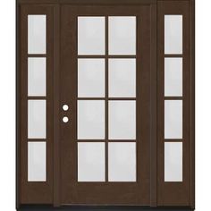 a brown double door with glass panels