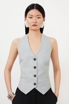 Tailored Wool Blend Tie Back Detail Vest | Karen Millen West Coat Suit For Women, Vest As A Top, Ladies Waistcoat Outfit, Summer Office Fashion, Vests Outfits For Women, Formal Vest Outfits For Women, Tailored Vest Outfits For Women, Outfits With Vests For Women, Grey Waistcoat