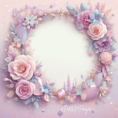 a pink and blue floral frame on a purple background