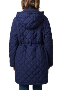 Look forward to the cooler seasons in this diamond-quilted puffer coat boasting lightweight insulation and a roomy removable hood lined with high-pile fleece. 34" length (size medium) Front zip closure with snap storm placket Stand collar; removable drawcord-toggle hood Front patch pockets Internal drawcord waist Lined, with synthetic fill; 100% polyester hood lining 100% recycled polyester Dry clean Imported Quilted Long Sleeve Parka For Cold Weather, Hooded Quilted Nylon Outerwear, Quilted Nylon Hooded Outerwear, Quilted Nylon Parka For Cold Weather, Quilted Parka For Cold Weather, Quilted Nylon Parka With Long Sleeves, Quilted Nylon Long-sleeved Parka, Quilted Jacket For Cold Weather, Solid Quilted Jacket For Cold Weather