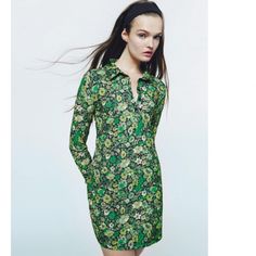 Green Floral Retro Print Mini Dress / Collared Tunic From Zara. Never Worn. Zara Embroidered Dress, Black Sequin Mini Dress, Mini Tunic Dress, Zara Black Dress, Floral Babydoll Dress, Boho Mini Dress, Black Satin Dress, Green Floral Print, Floral Shirt Dress