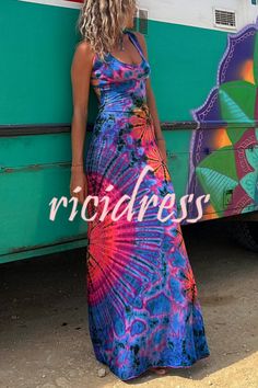 La Bamba Tie-dye Print Back Lace-up Stretch Maxi Dress – ricidress Elegante Y Chic, Dress Sleeve Styles, Tie Dye Maxi, Maxi Robes, U Neck, Maxi Dress Blue, Tie Dye Print, Stretch Lace, Cami Dress