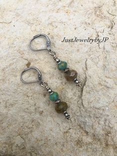 Southwest Green Turquoise, Brown Czech Beaded Drop Earrings, Dangle Earrings