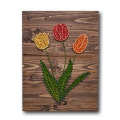 three flowers made out of beads sitting on top of a wooden wall mounted plaque with green leaves