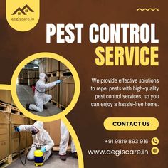 an advertisement for pest control service with two people in white suits and yellow safety equipment