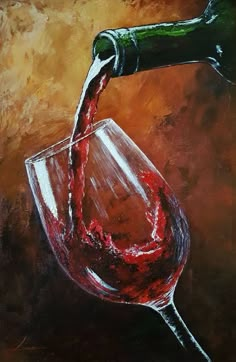 a painting of a wine glass being filled with red wine