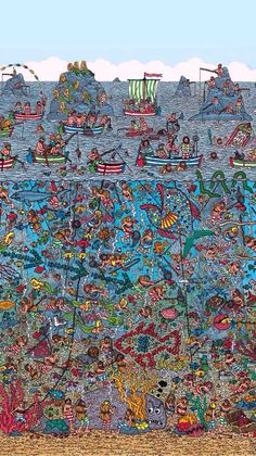 an image of a painting with many people on boats in the water and seaweed