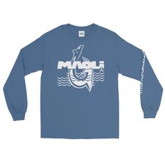 This breathable, cotton long sleeve t-shirt features original, custom artwork by Maoli designers. The center chest and left arm design is printed using soft hand ink. With a modern fit, featuring a crew neck, this soft, breathable cotton long sleeve t-shirt is one that can be worn casually for any occasion. Whether it is paddleboarding, playing music at an evening jam session, or going on an early morning winter walk, this Maoli t-shirt is perfect for any occasion. Classic-fit t-shirt. Pre-shrun Cotton Long Sleeve T-shirt With Front Print, Blue Long Sleeve Top With Graphic Design, Cotton Long Sleeve Shirt With Graphic Print, Long Sleeve Cotton Shirt With Graphic Print, Long Sleeve T-shirt With Graphic Print In Relaxed Fit, Long Sleeve Relaxed Fit Graphic T-shirt, Casual Long Sleeve T-shirt With Sublimation Print, Cotton Graphic Design Long Sleeve Sweatshirt, Cotton Long Sleeve Shirt With Graphic Design