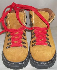 Vintage Deadstock/NOS Northwest Territory Leather Hiking Trail Mountain Boots Mens 7 Womens 8 1/2 - 9 Brown Red Laces by ShonnasVintage on Etsy Suede Lace-up Work Boots For Hiking, Vintage Lace-up Boots For Outdoor Activities, Rugged Suede Hiking Boots, Suede Hiking Boots With Reinforced Toe, Red High-top Hiking Boots, Red Hiking Boots With Round Toe, Suede Work Boots With Vibram Sole For Hiking, Red Round Toe Hiking Boots For Outdoor Activities, Round Toe Suede Hiking Boots