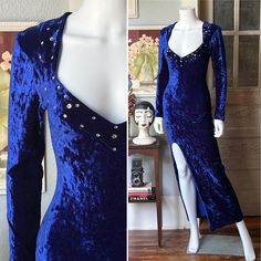 This 1980's electric blue crushed panne stretch velvet dress is a total bombshell. Rich vibrant fabric in a poly/lycra blend for the perfect body hugging silhouette. Breathtakingly deep v neckline, trimmed with dazzling prong-set rhinestones that adds the perfect sparkle and the super high leg split is the perfect dramatic touch. No label. Just fabric care label remains. This dress is plus, fantastically made, and in excellent condition. No size.  Bust 34"-36" Waist 24"-32" Hips 32"-38" Shoulder Fitted Crushed Velvet Party Dress, Stretch Velvet Dress, Fabric Care Labels, 27 Dresses, Deep V Dress, Velvet Maxi Dress, Blue Crush, Velvet Clothes, Stretch Velvet