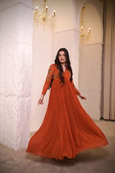 Anarkali suit usa /rust orange anarkali kurta full sleeve  / Indian dress with ful sleeve /embroidered anarkali/Indian dresses /mehendi outfit anarkali dress / orange designer anarkali         Looking for a perfect indian dress/anarkali/suit sets that are trendy, unique and easy to carry !! yess, You are at the right place. we carry such versatile pieces of anarkalis and suit sets, kurtas that really let you stand out in any occassion !!      featuring this beautiful georgette anarkali in beautiful rust orange that has heavy gear and the simple multi thread hand  embroidery at the body and sleeves  as shown with full  sleeve  !! A very classy, beautiful yet unique look makes your occasion so Perfect !! it comes with matching georgette dupatta !!Ready to ship in USA !! can be customized in Traditional Long Sleeve Maxi Dress With Pallu, Traditional Long Sleeve Maxi Dress For Festivals, Traditional Long Sleeve Maxi Dress With Resham Embroidery, Long Sleeve Dresses With Resham Embroidery For Festivals, Anarkali Long Sleeve Dress For Festivals, Long Sleeve Anarkali Dress For Festivals, Anarkali Dress With Pallu And Long Sleeves, Diwali Long Sleeve Semi-stitched Salwar Kameez, Semi-stitched Long Sleeve Salwar Kameez For Diwali