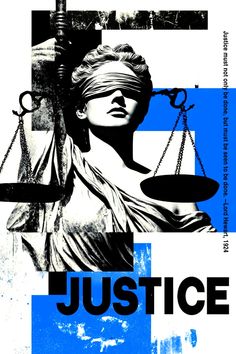 a poster with the statue of lady justice on it's back and blue squares in the background