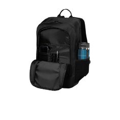 a black backpack with a drink in it and two compartments on the front, side view