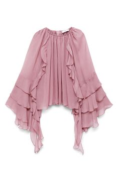 Romantic ruffles abound on this textured chiffon top fashioned in a flowy silhouette framed by cascading bell sleeves. Back button-and-loop closure Crewneck Long sleeves 100% viscose Dry clean Made in Turkey Bohemian Dress Code, Blus Sifon, Light Pastel Pink, Chiffon Blouses, Flowy Fabric, Technology Fashion, Ruffle Long Sleeve, Flowy Blouse, Midi Sheath Dress