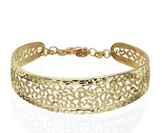 Artisan design 14k solid yellow gold Filigree Lace design bracelet. Gorgeous and unique design, exclusive to my store. For matching ring: https://etsy.me/2sE1xAF Description: ✤ This bracelet is made to order ✤ This bracelet is handmade from start to finish in Our workshop, DaninoDesigner. ✤ Made Of 14K Yellow Gold. ✤ Bracelet width: 0.79'' / 2 cm ✤ Approx gold weight 16.30 grams. ✤ PACKAGING: Every order is shipped with our luxury jewelry packaging. Perfect for gift giving🎁 ❂ PROCESSING TIME &a Elegant 14k Gold Bracelets With Decorative Band, 14k Gold Bracelets With Intricate Design For Anniversary, Elegant Yellow Gold Bracelets With Decorative Band, Anniversary 14k Gold Bracelets With Intricate Design, Gold Bracelet With Decorative Band For Anniversary, Elegant Yellow Gold Bracelet With Decorative Band, Gold Bracelet With Decorative Band As Gift, Gold Filigree Bracelet In 14k Gold, Gold Bracelets With Decorative Band As Gift