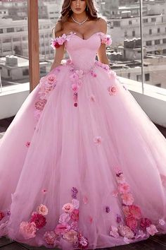 Fairy Princess Prom Dress, Pink Princess Dress Fairytale, Flowers Prom Dress, Blush Pink Wedding Dress, Flower Prom Dress, Satin Bridal Gowns, Blush Pink Wedding, Pretty Quinceanera Dresses, Sixteenth Birthday