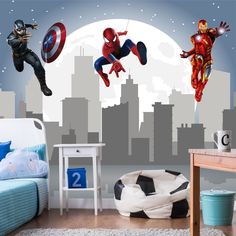 the avengers wall mural is in this child's room with captain america and iron man