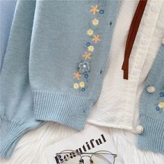 Style: commuting Size: one size Color: yellow, white, blue Hand Embroidered Flower, Flower Sweater, Sweater Coat, Sweater Coats, Embroidered Flowers, Yellow White, Hand Embroidered, White Blue, Yellow