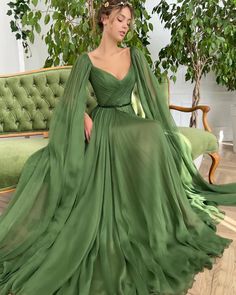 Draped Royal Olive Gown | Teuta Matoshi Long Party Gowns, Split Prom Dresses, Chiffon Party Dress, Textil Design, Nature Dress, Evening Dresses With Sleeves, Performance Dresses, Chiffon Evening Dresses, Prom Dresses Vintage