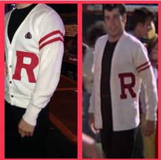 two men wearing red and white sweaters, one with the letter r on it