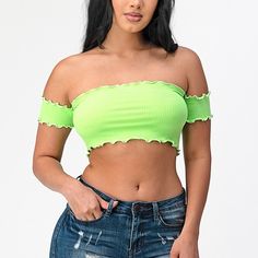 Off-Shoulder, Accent Sleeve, Neon Crop Top. Ruffled Hem Stitch. Stylish. Summer Wear. Trendy Green Strapless Top, Trendy Green Off-shoulder Top, Green Stretch Summer Crop Top, Green Trendy Tube Top For Spring, Summer Stretch Green Crop Top, Green Stretch Crop Top For Summer, Green Tube Top For Spring, Green Strapless Top For Day Out, Casual Green Strapless Top