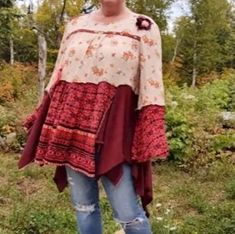 "Cottagecore, boho, fairycore, or festival clothing - we've got you covered! One-of-a-kind, unique, and so much fun! This upcycled autumn colored shirt is full of romance. Slightly belled sleeves and an uneven, pixie-pointed hem are just a couple of the attributes that make this tunic so darn cute.  I guarantee you'll receive lots of compliments and \"Oh I LOVE that - where'd you get it!?\" when you wear this unique shirt! And it is sooooo flowy and comfortable! Style Ideas:  Wear with jeans, le One Size Bohemian Top For Fall, Bohemian One Size Top For Fall, Bohemian Top For Fall, Bohemian Floral Print Top, Bohemian Mode, Boho Cottagecore, Mode Boho, Festival Clothing, Comfortable Style