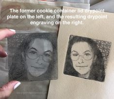 someone is holding up some paper with pictures on it and the caption reads, the former cookie container lid imprintplate plate on the left, and